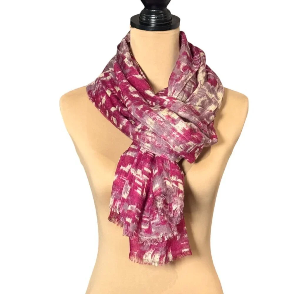 Abstract Print Scarf Pashmina  Wrap Shawl Pink White Fringe Contemporary